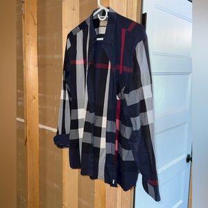 Check Stretch Cotton Poplin Shirt Color: Navy XL